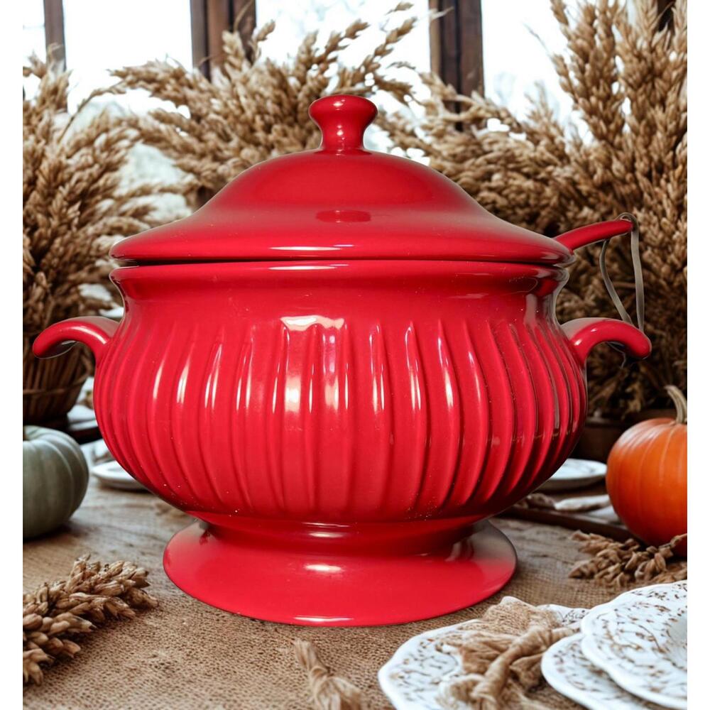 Harry & David 2010 Happiness  Delivered Red Ceramic Ribbed Tureen Ladle, 8x8.5”